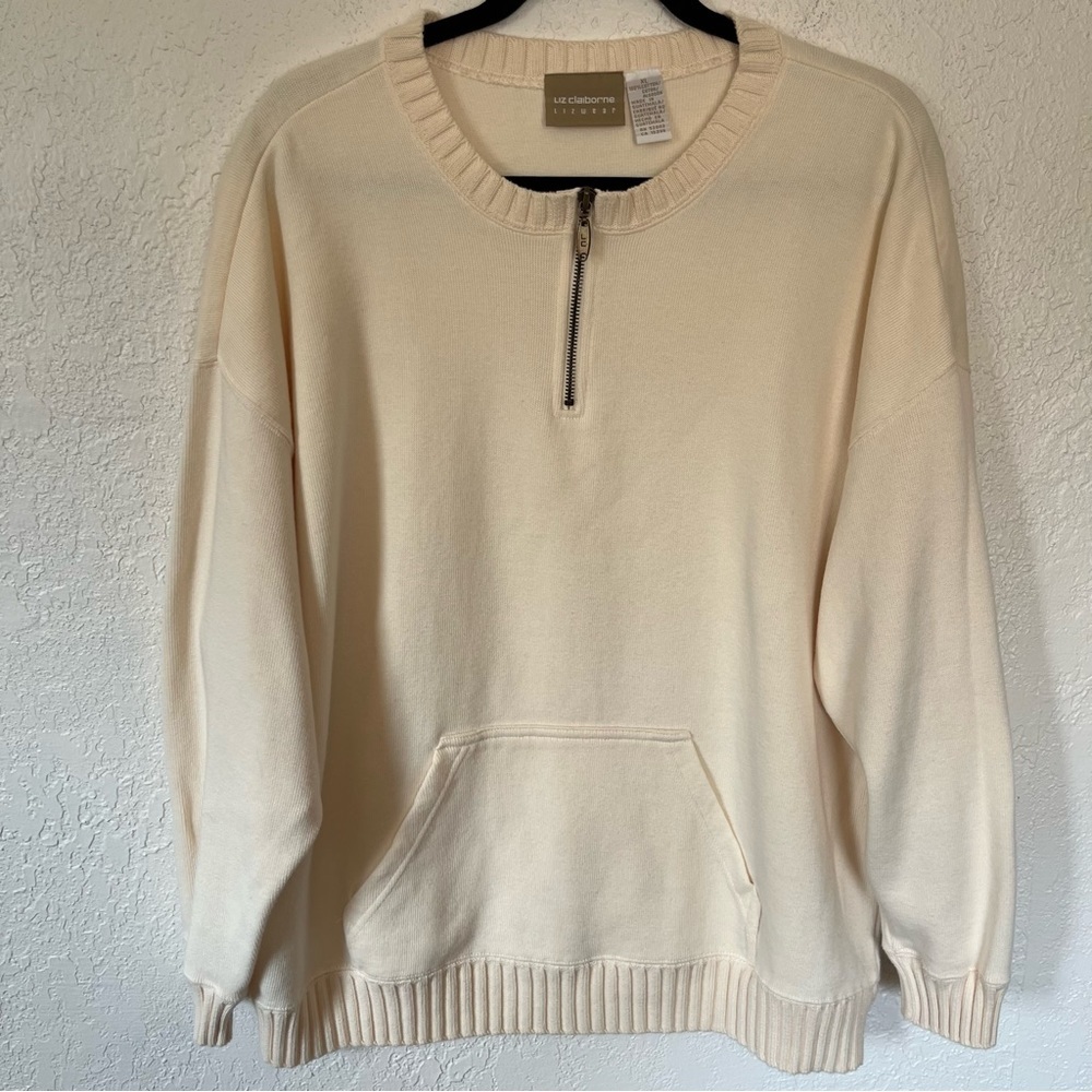 VTG Liz Claiborne Cozy Neutral Ivory Crewneck 1/4 Zip Ribbed Hems XL 100% cotton
